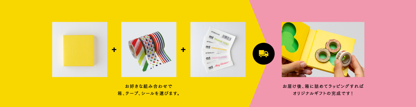 お好きな組み合わせで箱、テープ、シールを選びます。お届け後、箱に詰めてラッピングすればオリジナルギフトの完成です！
